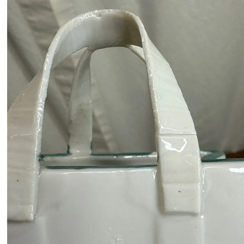Handmade Porcelain Vintage Applied Flower Purse Bag Shaped Vase Catchall Décor